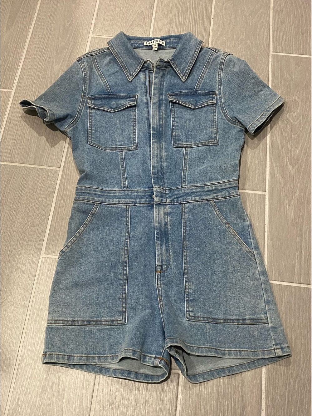 Signatures Medium Denim Short Sleeve Romper
